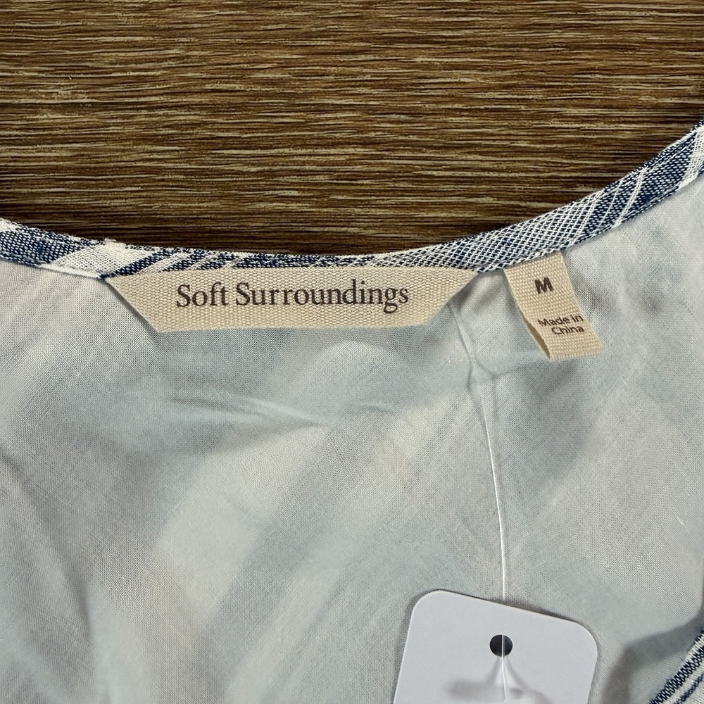 Soft Surroundings Linen Dress Women's Medium Blue Stripe 3/4 Sleeve NWT Coastal - Picture 2 of 9